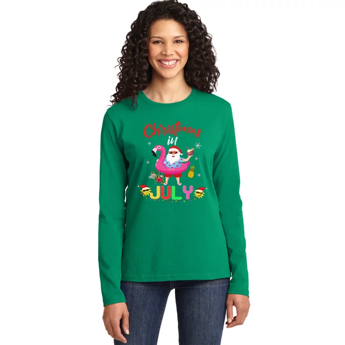 Christmas in July Santa Hawaiian flamingo Summer Beach Ladies Long Sleeve Shirt