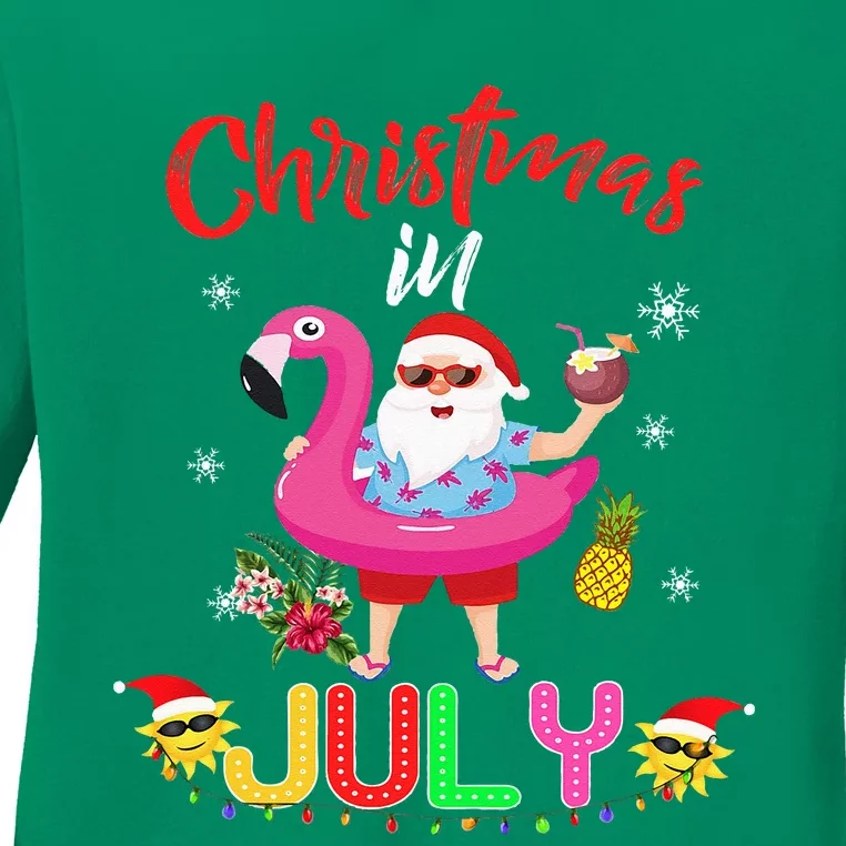 Christmas in July Santa Hawaiian flamingo Summer Beach Ladies Long Sleeve Shirt