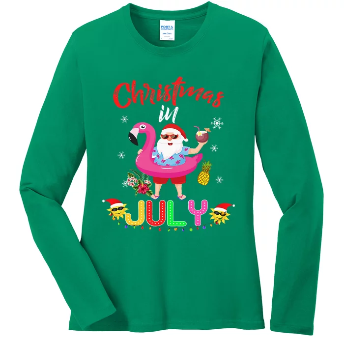 Christmas in July Santa Hawaiian flamingo Summer Beach Ladies Long Sleeve Shirt