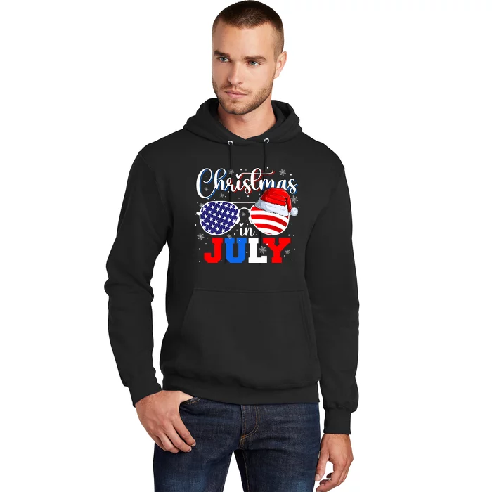 Christmas In July Santa Hat Sunglasses Usa Flag 4th Of July Hoodie