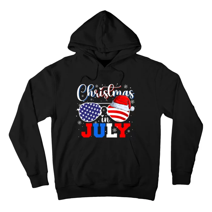 Christmas In July Santa Hat Sunglasses Usa Flag 4th Of July Hoodie