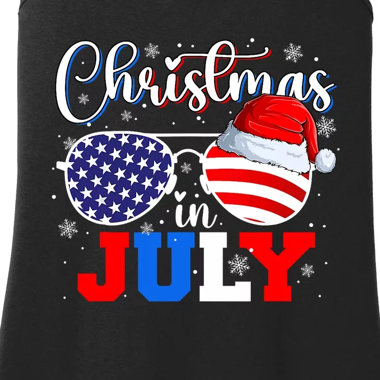 Christmas In July Santa Hat Sunglasses Usa Flag 4th Of July Ladies Essential Tank