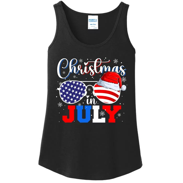 Christmas In July Santa Hat Sunglasses Usa Flag 4th Of July Ladies Essential Tank