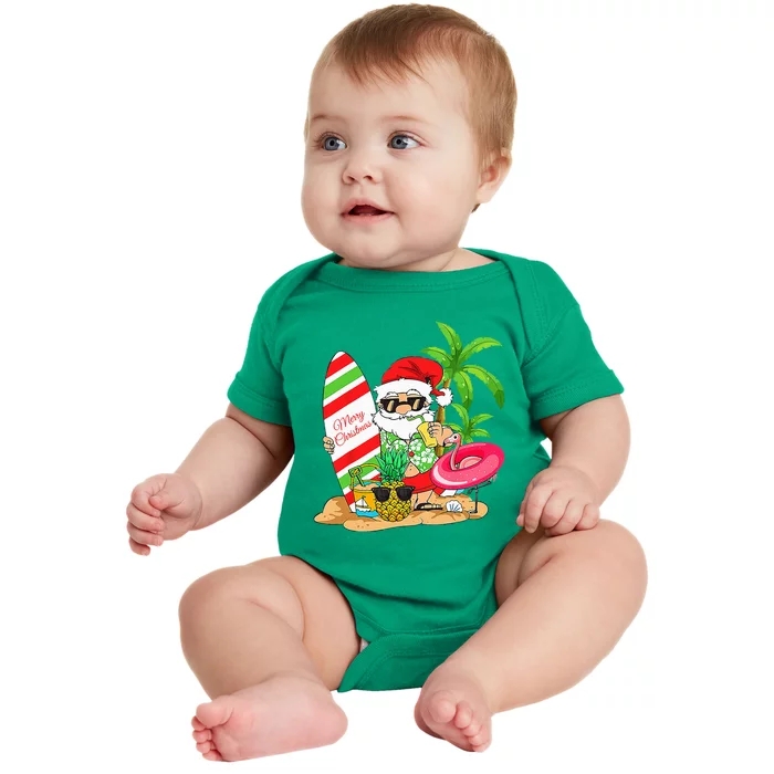 Christmas In July Santa Hawaiian Summer Surf Surfing Surfer Baby Bodysuit