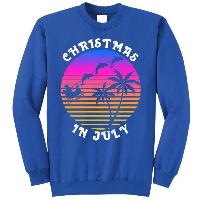 Christmas In July Xmas Dolphins Santa Carriage Beach Party Gift Tall Sweatshirt