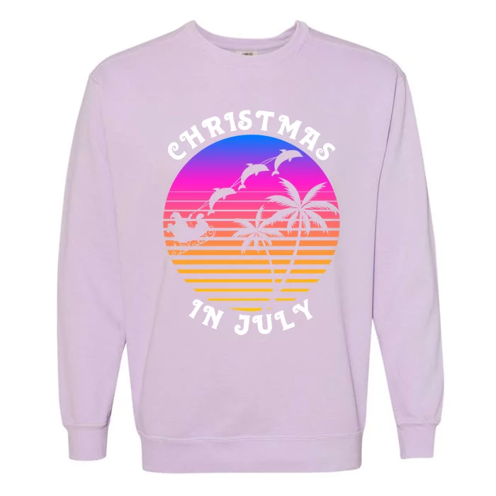 Christmas In July Xmas Dolphins Santa Carriage Beach Party Gift Garment-Dyed Sweatshirt