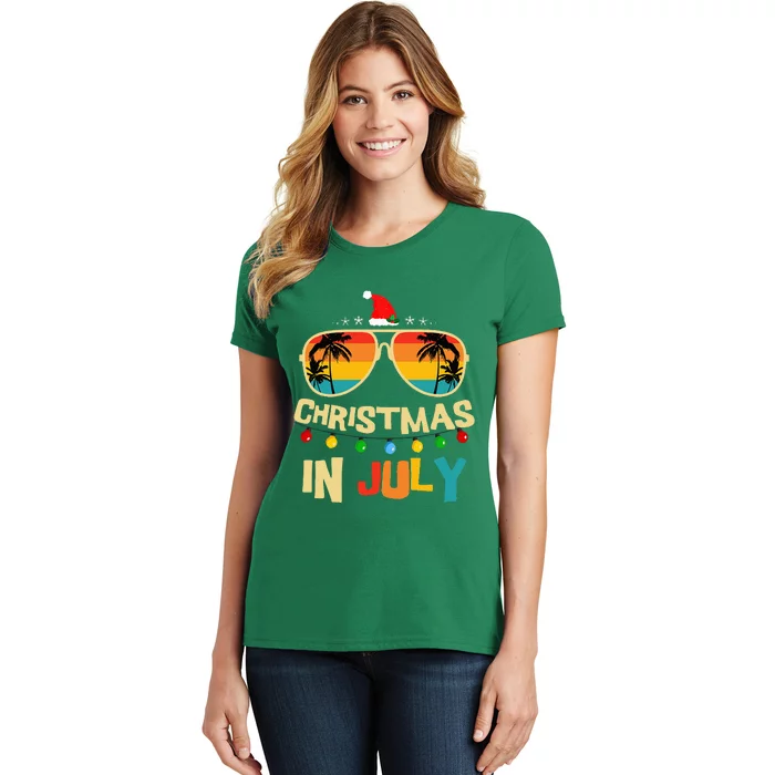 Christmas in July Santa Hat Sunglasses Summer Vacation Women's T-Shirt