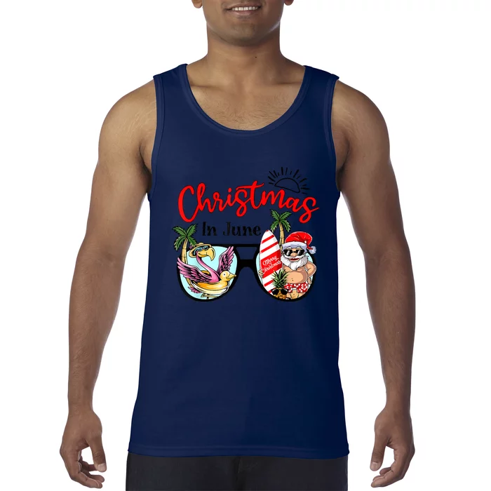 Christmas In June Sunglasses Santa Flamingo Summer Vacation Tank Top