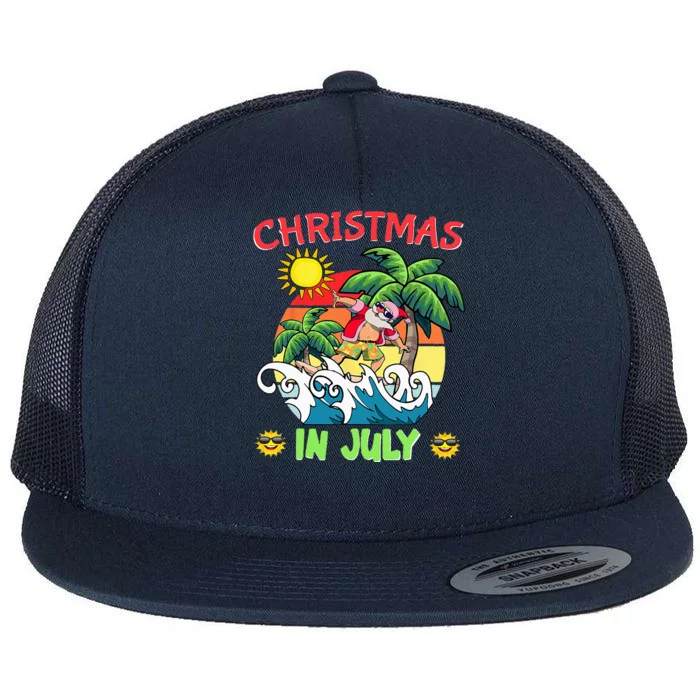 Christmas In July Funny Santa Surfing Summer Beach Vacation Flat Bill Trucker Hat