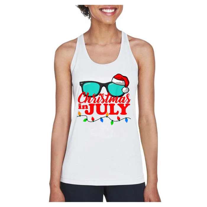 Christmas In July Santa Hat Sunglasses Summer Celebration Women's Racerback Tank