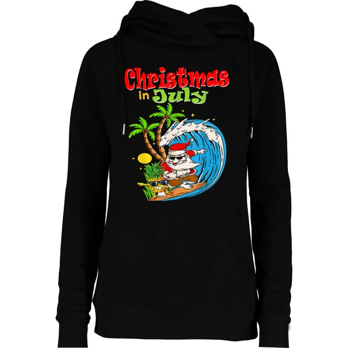 Christmas In July Santa Hawaiian Summer Surf Surfing Surfer Womens Funnel Neck Pullover Hood