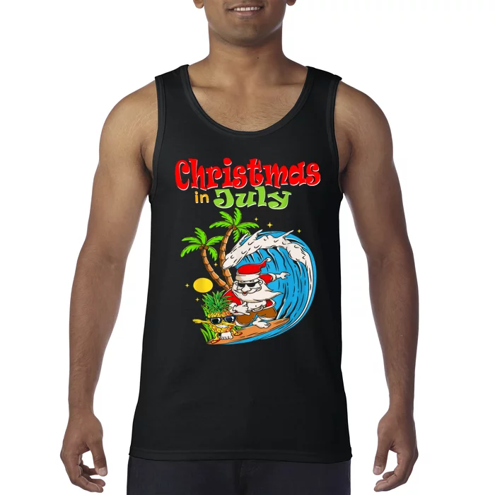 Christmas In July Santa Hawaiian Summer Surf Surfing Surfer Tank Top