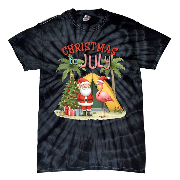 Christmas In July Flamingo Santa Summer Vacation Funny Tie-Dye T-Shirt