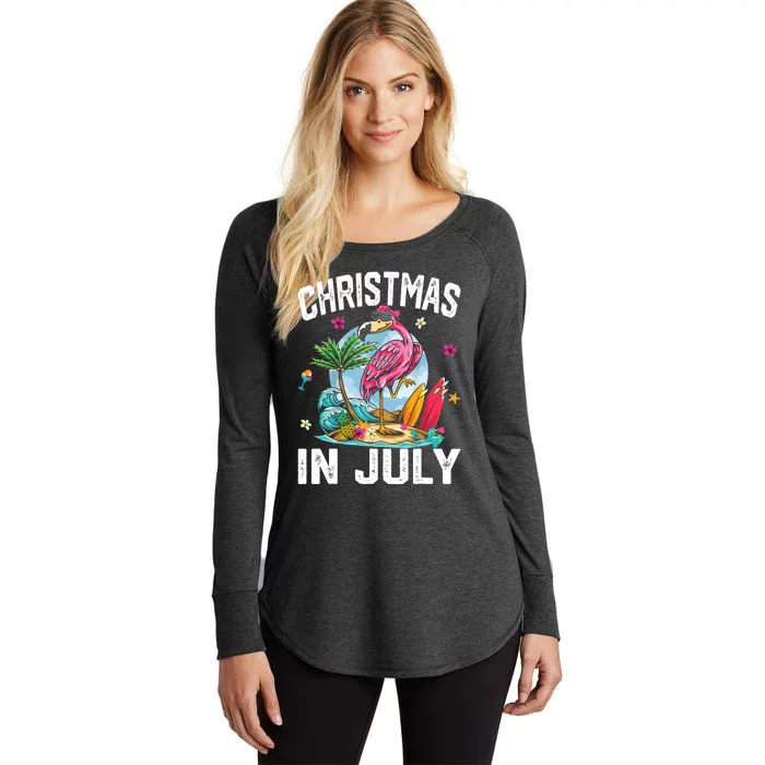 Christmas In July Funny Tropical Flamingo Hawaii Summer Xmas Women's Perfect Tri Tunic Long Sleeve Shirt