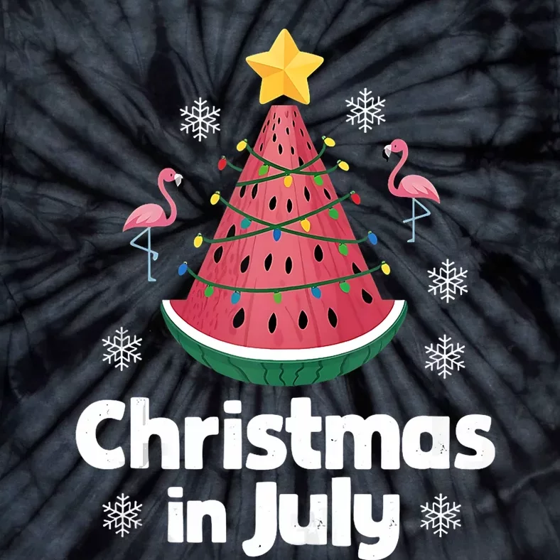 Christmas In July Watermelon Tree Funny Flamingo Xmas Beach Tie-Dye T-Shirt