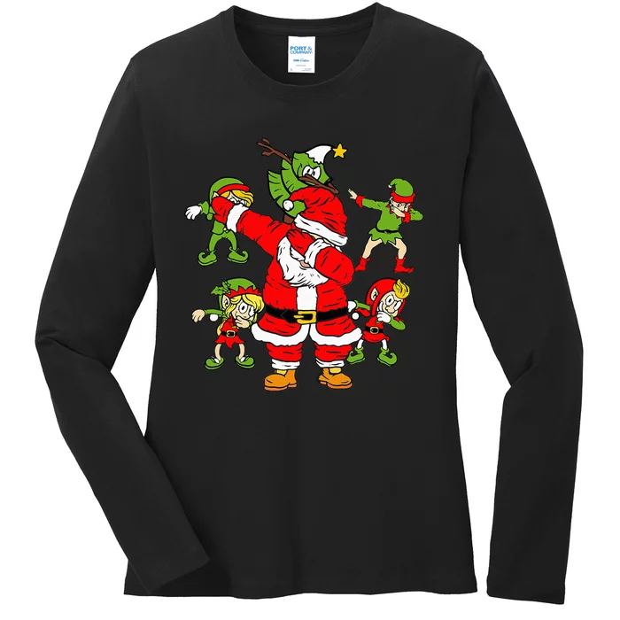 Christmas in July Santa Claus Dab Elf tree Dabbing Santa Ladies Long Sleeve Shirt