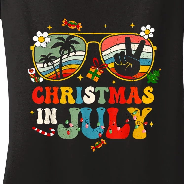 Christmas In July Sunglasses Xmas Tree Summer Women's V-Neck T-Shirt