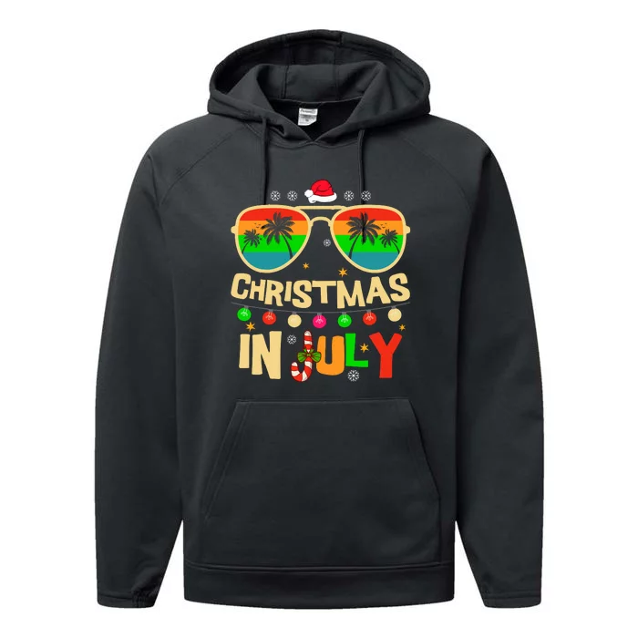 Christmas In July Beach Surf Santa Summer Tree Performance Fleece Hoodie