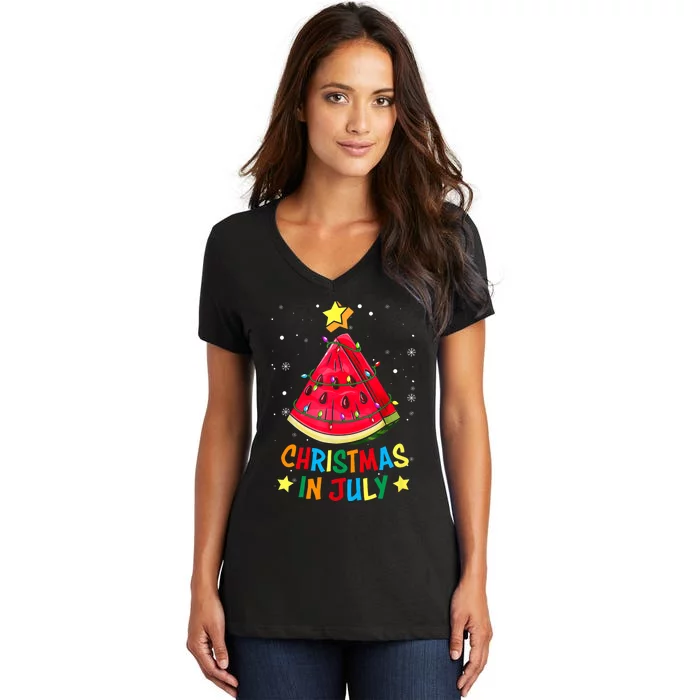 Christmas In July Watermelon Xmas Tree Summer Women's V-Neck T-Shirt