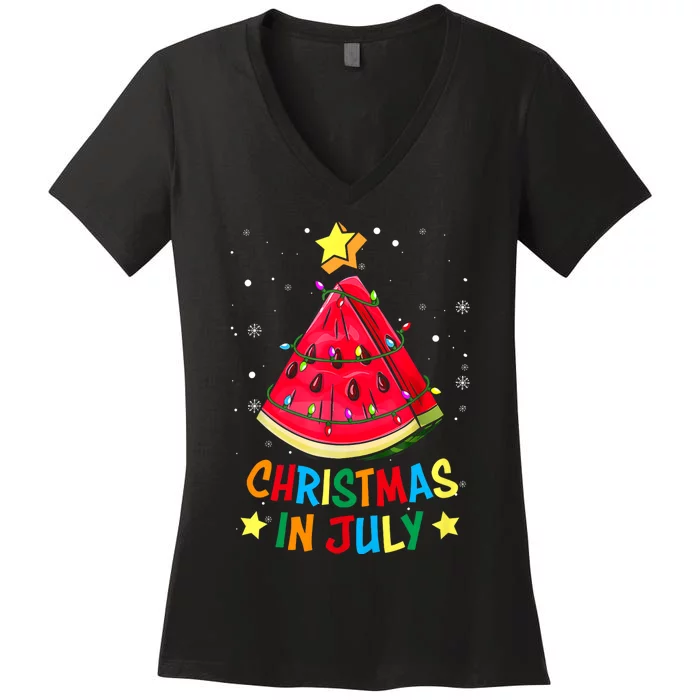 Christmas In July Watermelon Xmas Tree Summer Women's V-Neck T-Shirt