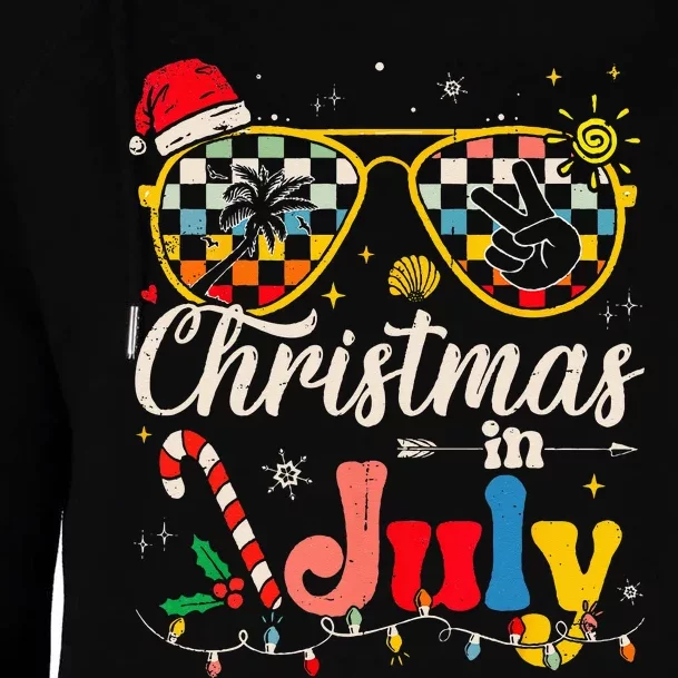 Christmas in July Santa Hat Sunglasses Summer Vacation Womens Funnel Neck Pullover Hood