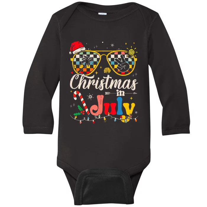 Christmas in July Santa Hat Sunglasses Summer Vacation Baby Long Sleeve Bodysuit