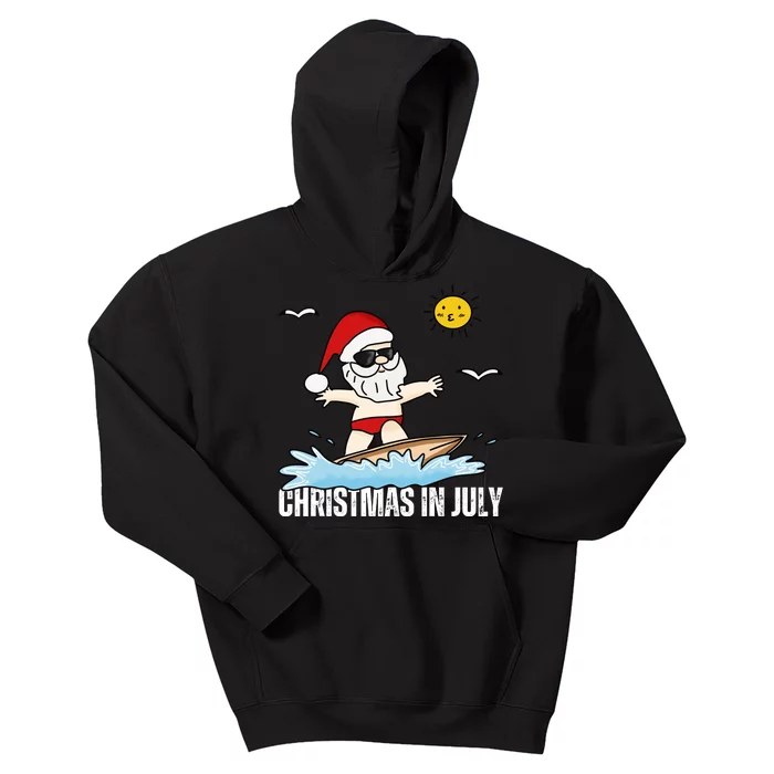 Christmas In July Funny Santa Surfing Summer Beach Vacation Kids Hoodie