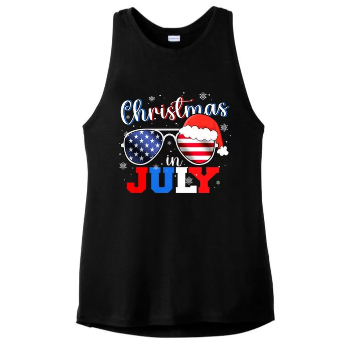 Christmas In July Santa Hat Sunglasses Usa Flag 4th Of July Ladies Tri-Blend Wicking Tank