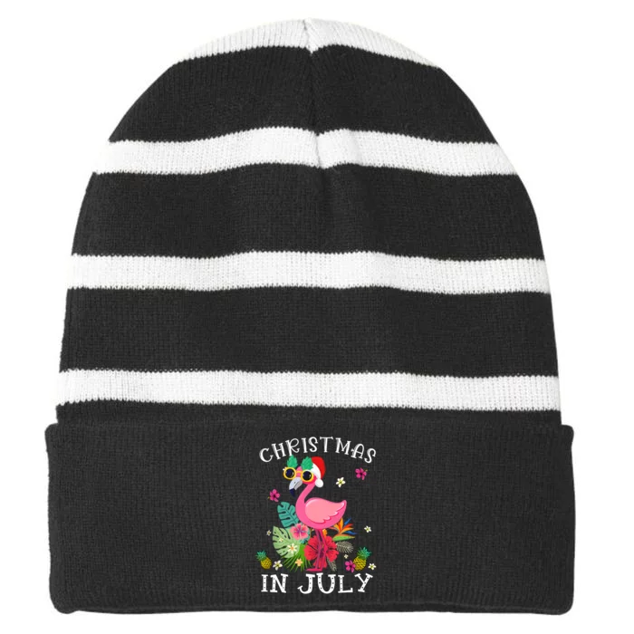 Christmas In July Pink Flamingo Hawaii Funny Women Girl Striped Beanie with Solid Band