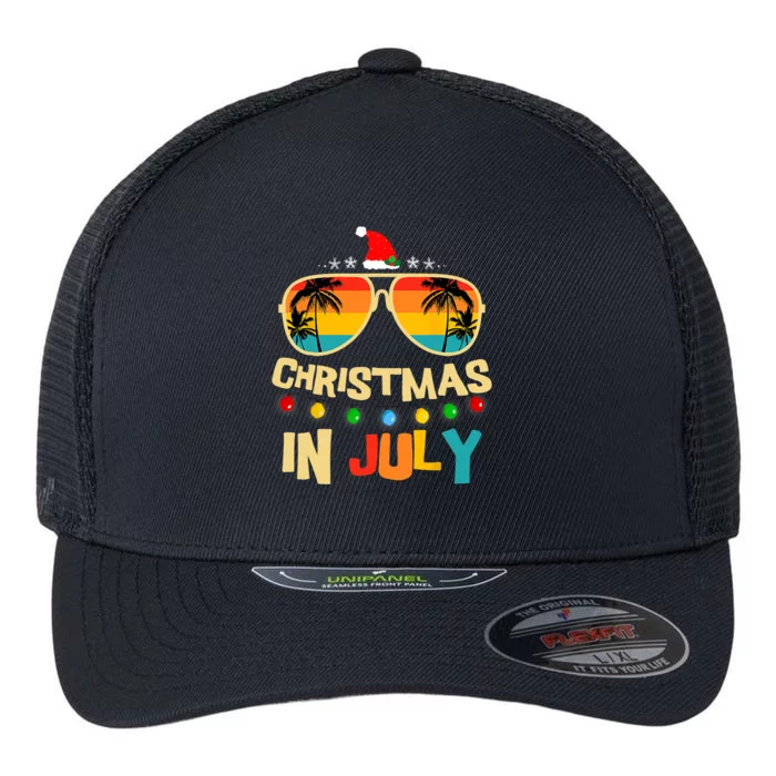 Christmas In July Santa Hat Sunglasses Summer Vacation Xmas Flexfit Unipanel Trucker Cap