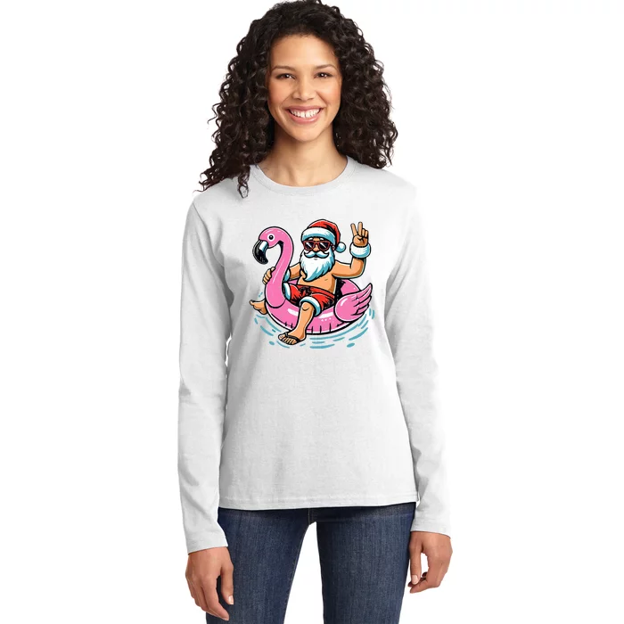 Christmas In July Santa Flamingo Summer Xmas Ladies Long Sleeve Shirt