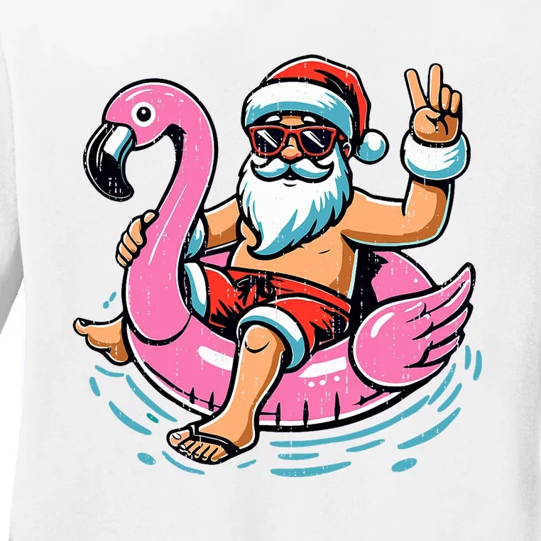 Christmas In July Santa Flamingo Summer Xmas Ladies Long Sleeve Shirt