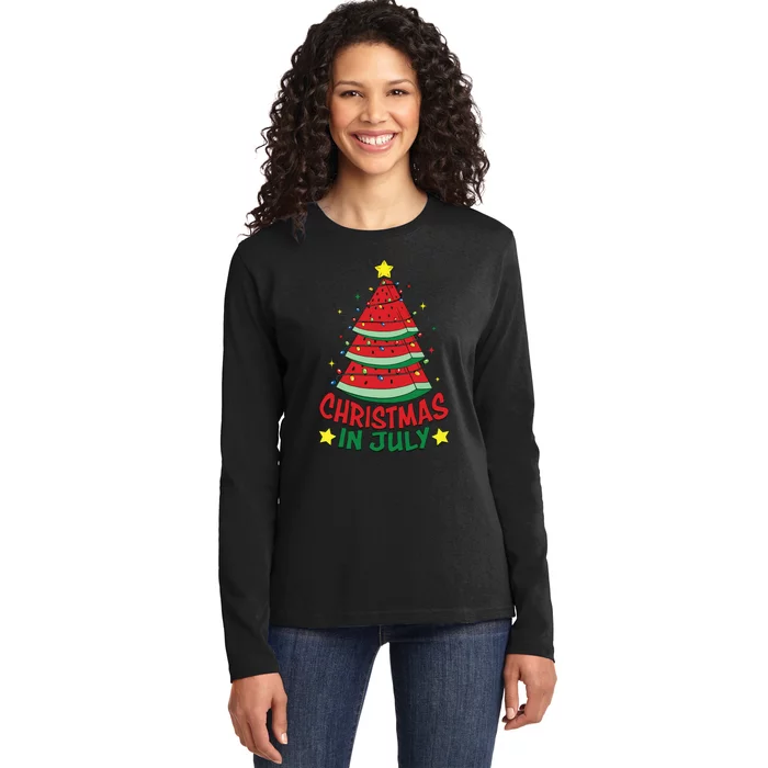 Christmas In July Watermelon Xmas Tree Summer Ladies Long Sleeve Shirt