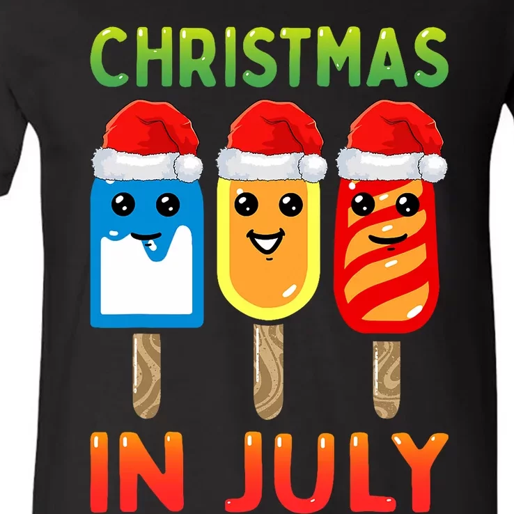 Christmas In July Santa Hat Ice Pops Funny V-Neck T-Shirt