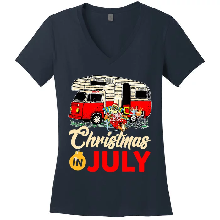 Christmas In July Camping Santa Campers Summer Vacay Women's V-Neck T-Shirt