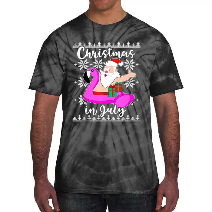 Christmas In July Ugly Santa Flamingo Pool Float Tie-Dye T-Shirt