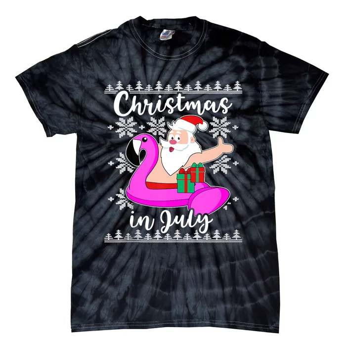 Christmas In July Ugly Santa Flamingo Pool Float Tie-Dye T-Shirt