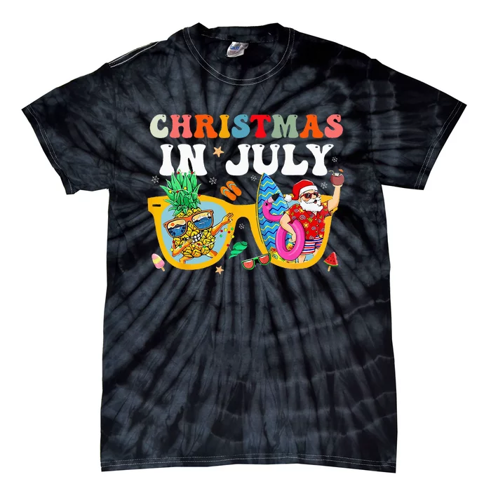 Christmas In July Santa Sunglasses Summer Beach Funny Xmas Tie-Dye T-Shirt