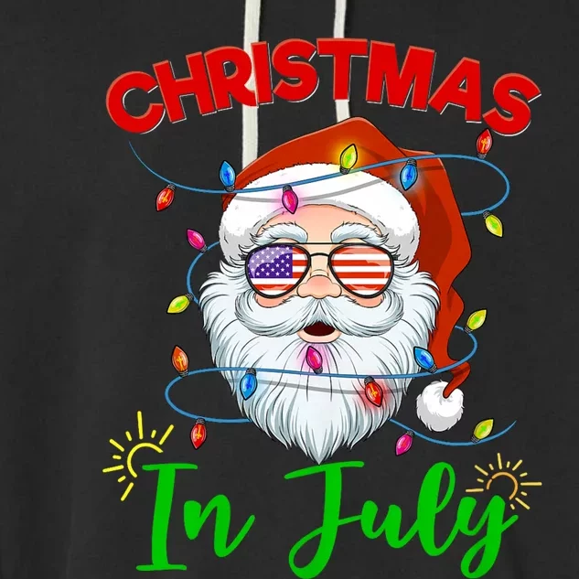 Christmas In July Santa Hat Sunglasses Usa Flag Summer Garment-Dyed Fleece Hoodie