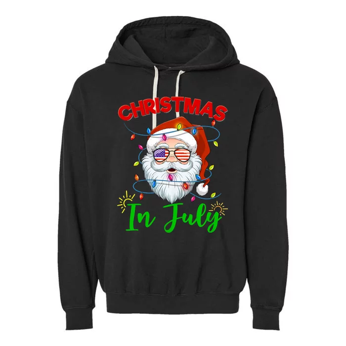 Christmas In July Santa Hat Sunglasses Usa Flag Summer Garment-Dyed Fleece Hoodie