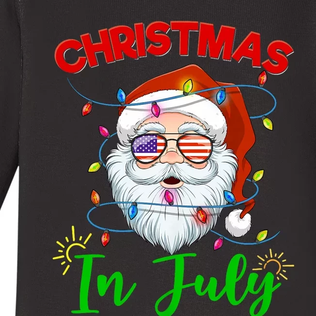 Christmas In July Santa Hat Sunglasses Usa Flag Summer Baby Long Sleeve Bodysuit