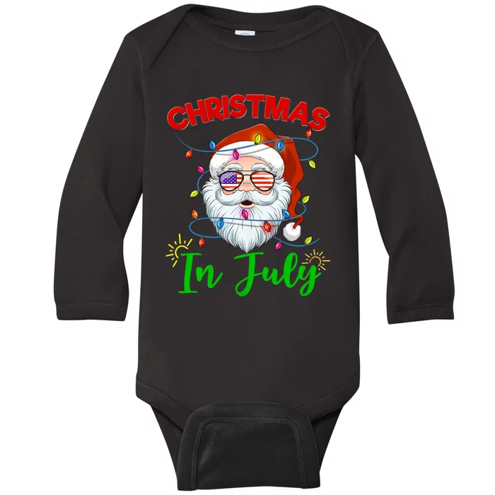 Christmas In July Santa Hat Sunglasses Usa Flag Summer Baby Long Sleeve Bodysuit