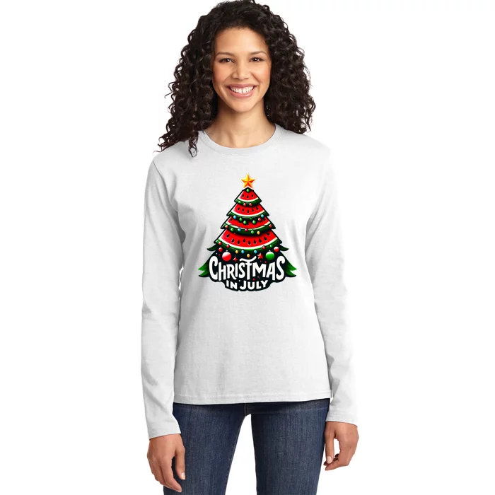 Christmas In July Watermelon Xmas Tree Summer Ladies Long Sleeve Shirt