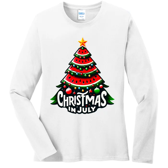 Christmas In July Watermelon Xmas Tree Summer Ladies Long Sleeve Shirt