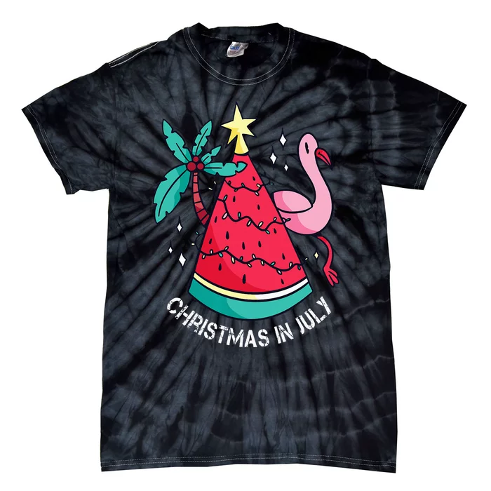 Christmas In July Watermelon Flamingo Xmas Tree Summer Gifts Tie-Dye T-Shirt