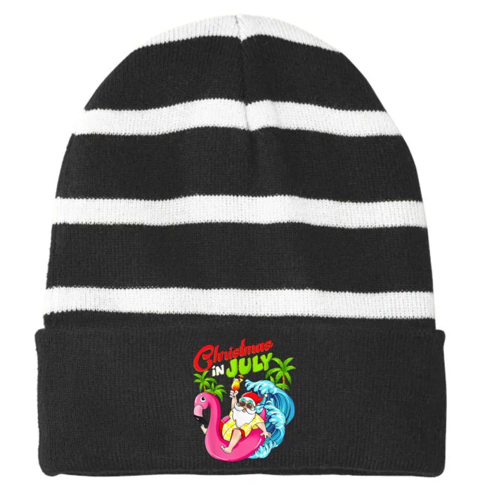 Christmas In July Santa Hawaiian Flamingo Summer Beach Xmas Striped Beanie with Solid Band