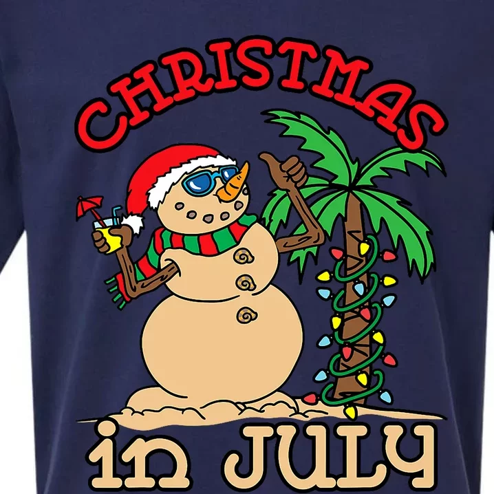 Christmas In July Snowman Sand Palm Tree Summer Sueded Cloud Jersey T-Shirt