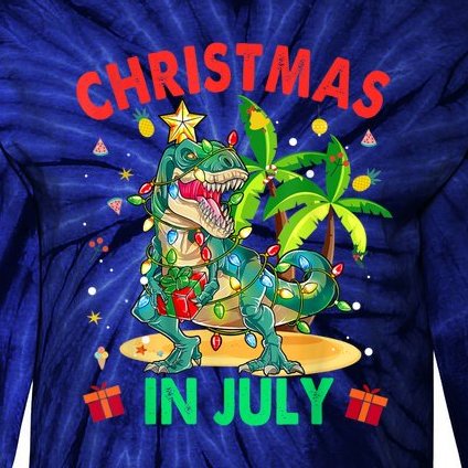 Christmas In July Funny Dinosaur Xmas Tree Summer Tie-Dye Long Sleeve Shirt