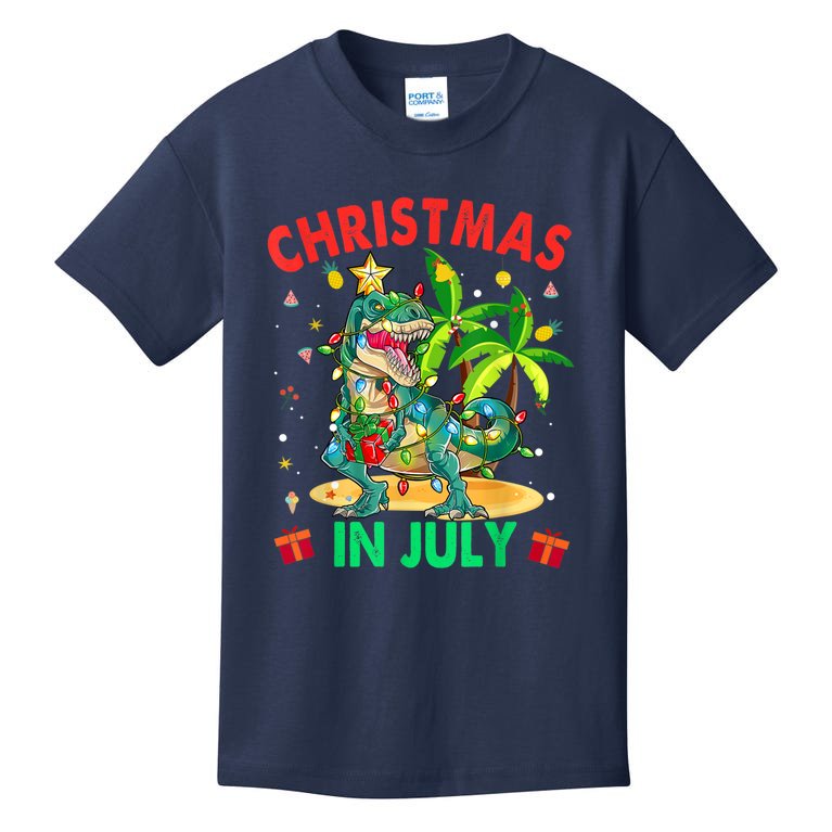 Christmas In July Funny Dinosaur Xmas Tree Summer Kids T-Shirt
