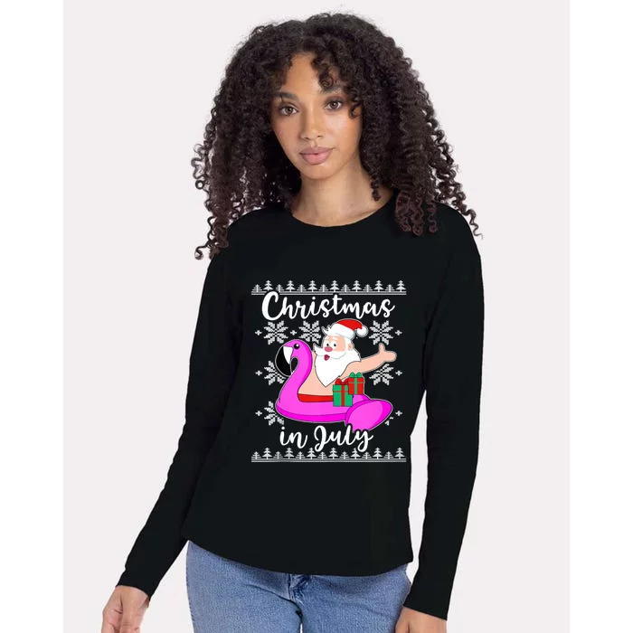 Christmas In July Ugly Santa Flamingo Pool Float Womens Cotton Relaxed Long Sleeve T-Shirt